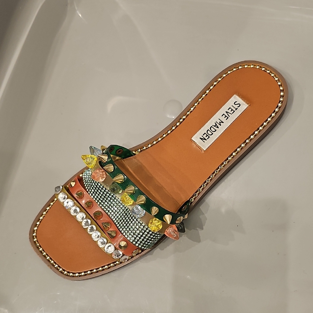 Steve Madden Women's Embellished Sandals Green Leandra Gold SZ 8.5 M - Picture 3 of 5